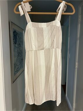 Sage Striped Tie-Shoulder Mini Dress in Cream and Tan